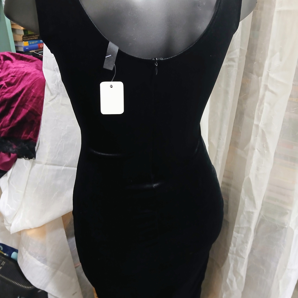 Black Velvet Mini Dress with Gold Ring Accent - Picture 3 of 5